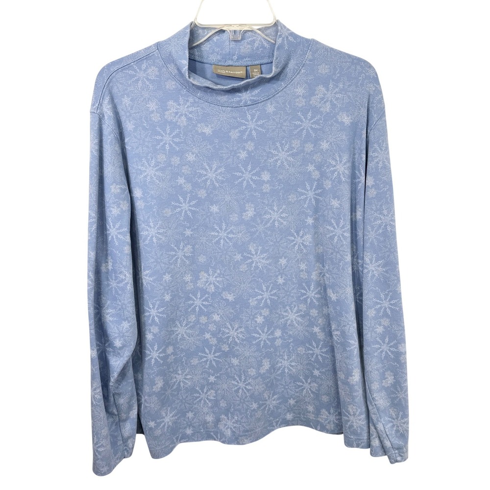 Croft & Barrow Plus Size 3X Top Christmas Blue Snowflake Mock Neck Cotton 1745